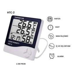 HTC-2 Dijital Termometre Sıcaklık ve Nem Ölçer İç Dış Saat Alarm htc2