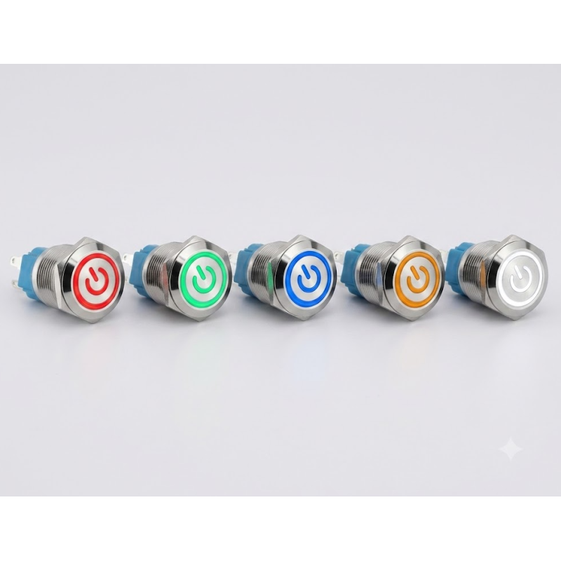 19mm Metal Power Buton Kalıcılı LED'li Serisi 12V-24V 1NO/1NC Renk Seçmeli 1adet Power Simgeli