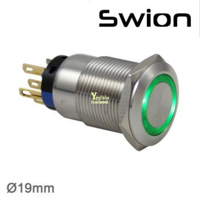 Swion Metal 12volt 19mm Halka Ledli Anahtar ip67 Yeşil