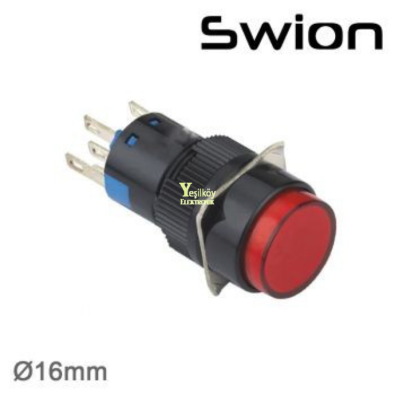 220v 16mm Yaylı Buton 1no-1nc Yuvarlak Kırmızı